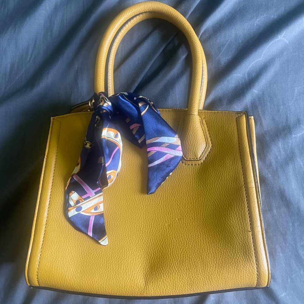 Elegant Mustard Yellow Structured Handbag with Silk Scarf Accent